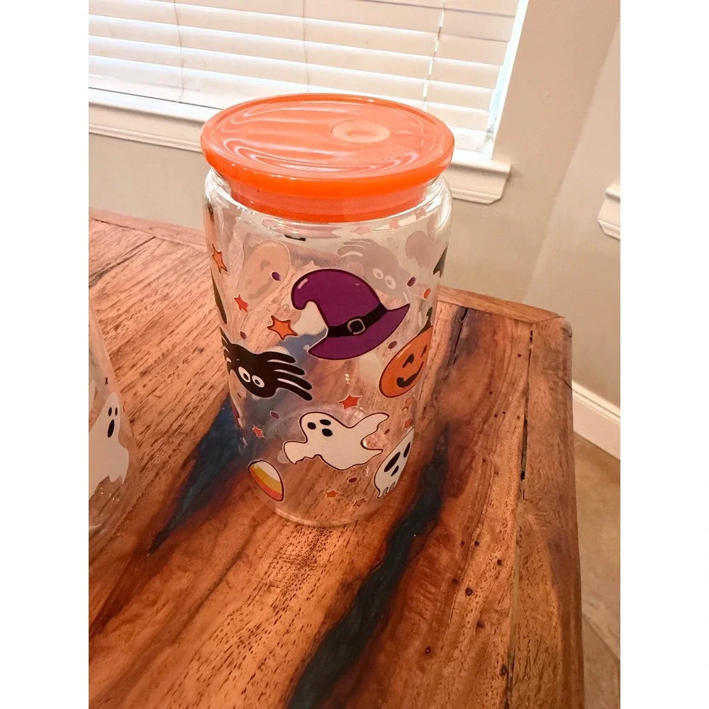 Halloween Glass Can Cup Set 2 Ghost Pumpkin Witch Hat Iced Coffee Tumbler Lids